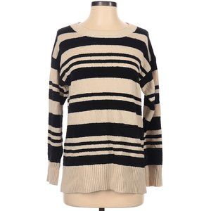 Lou & Grey Pullover Sweater Striped Tan Black Small Crew Knit Cotton Wool
